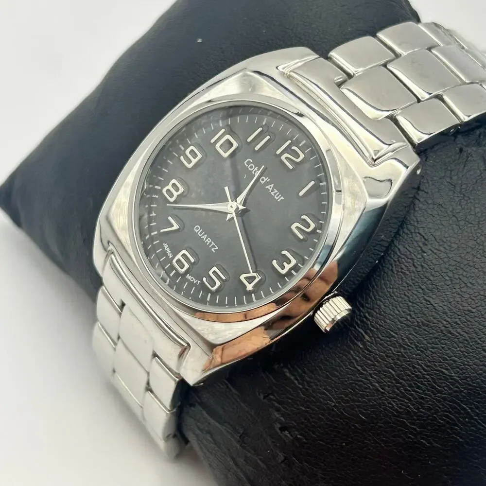 Cote d'Azur Silver Tone Black Dial Stainless Steel Men’s Watch New Battery